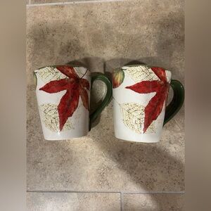 Pier 1 Imports Lot of 2 Handpainted Ironstone Rustic Leaf Patterned Mugs